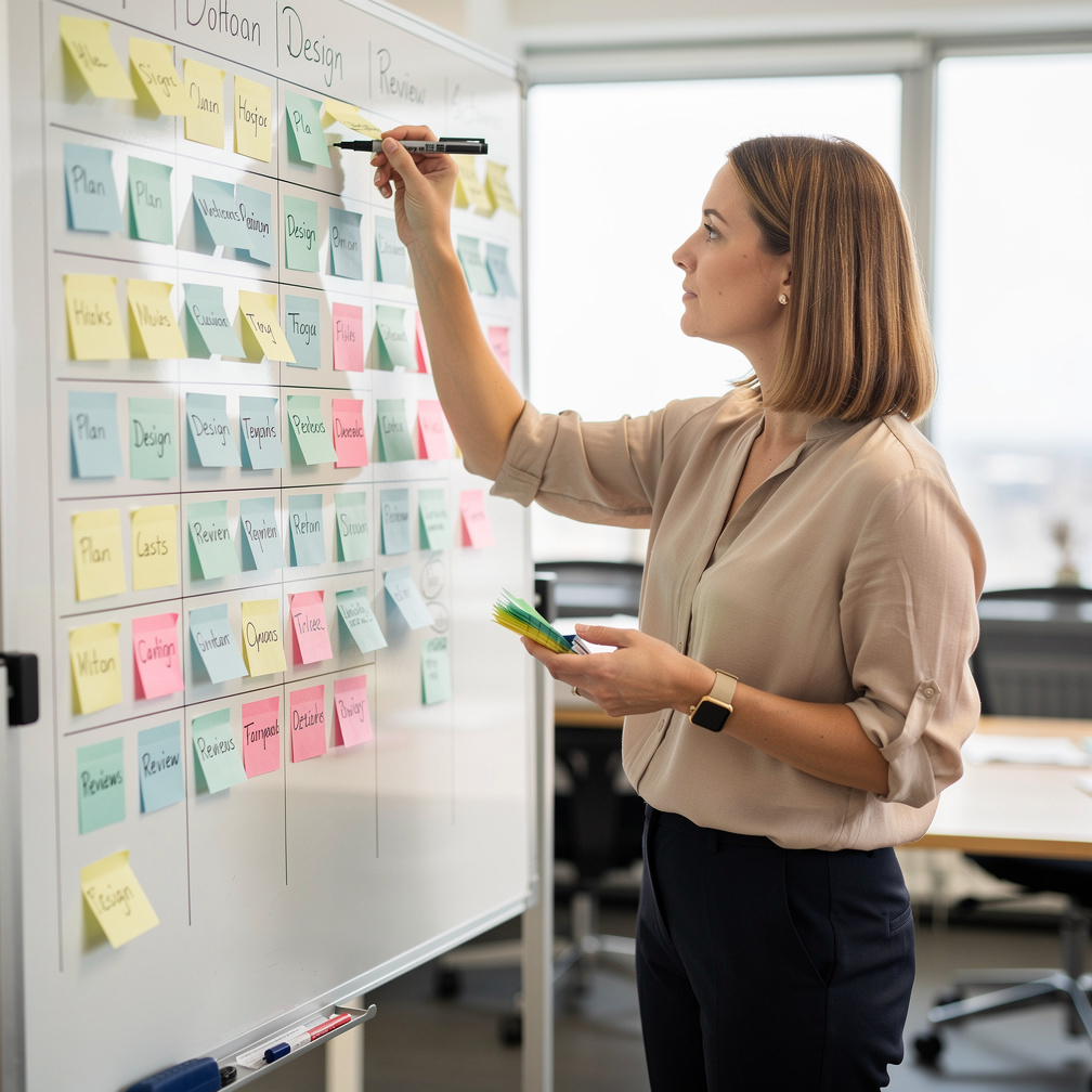 Woman planning a project timeline on a wall board
